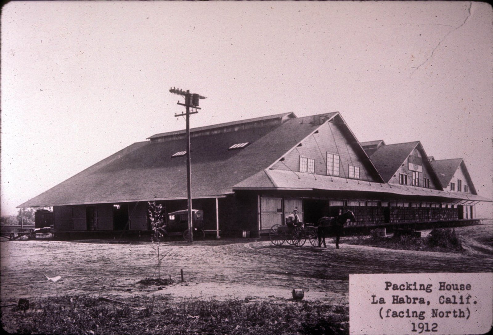 The first citrus packing house in La Habra, California, at Railroad and South Main Streets, 1912.