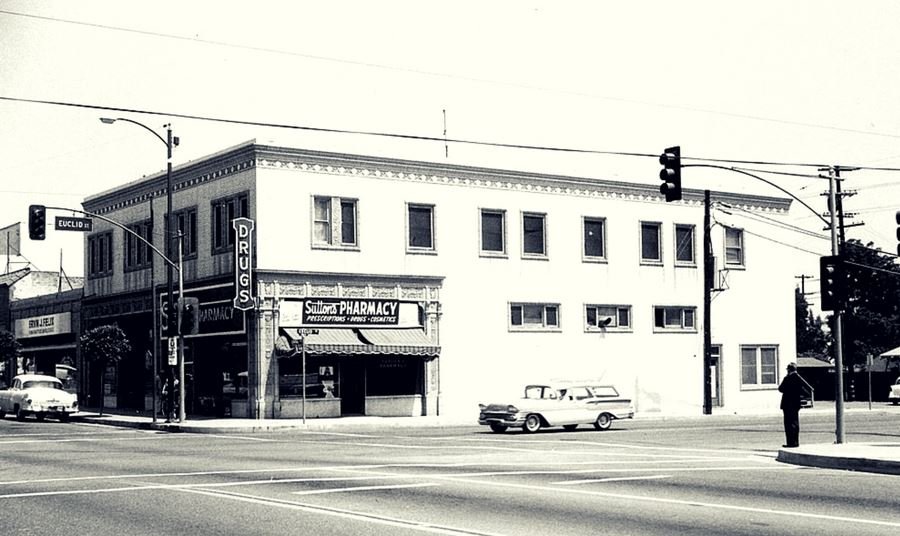 Sutton's Pharmacy at 100 E. Central Ave., La Habra, Calif., at the corner of Euclid Street and Central Avenue, 1965.