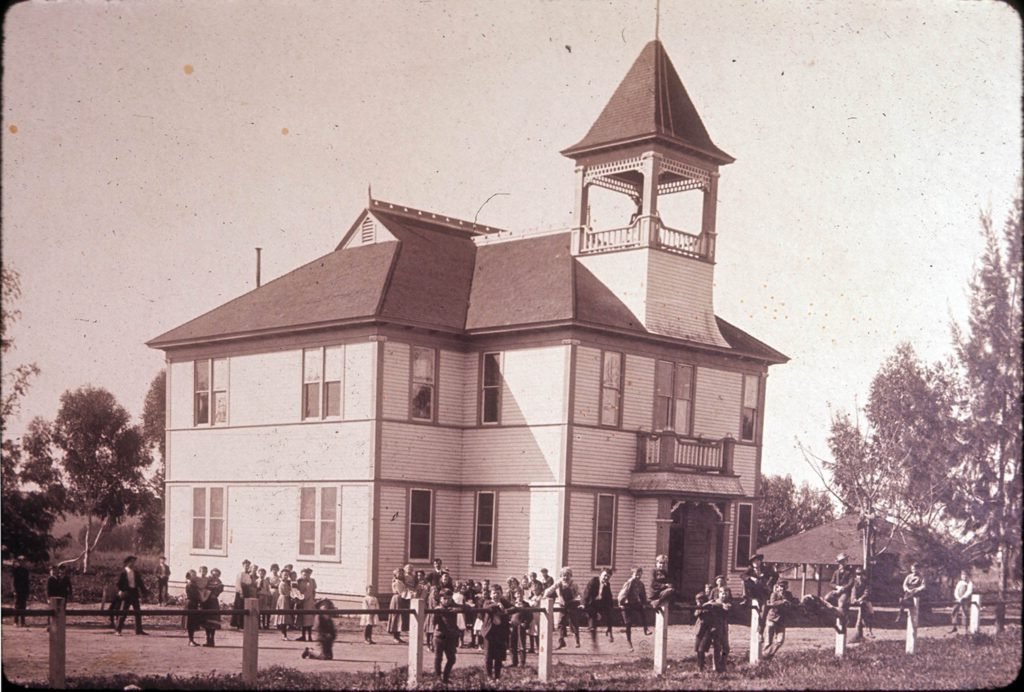 Students and staff at La Habra School, located on Central Avenue, La Habra, Calif., in 1903. The school was built in 1896 and was used for classes and community events. It was later renamed La Habra Grammar School and replaced with a new building in 1915.