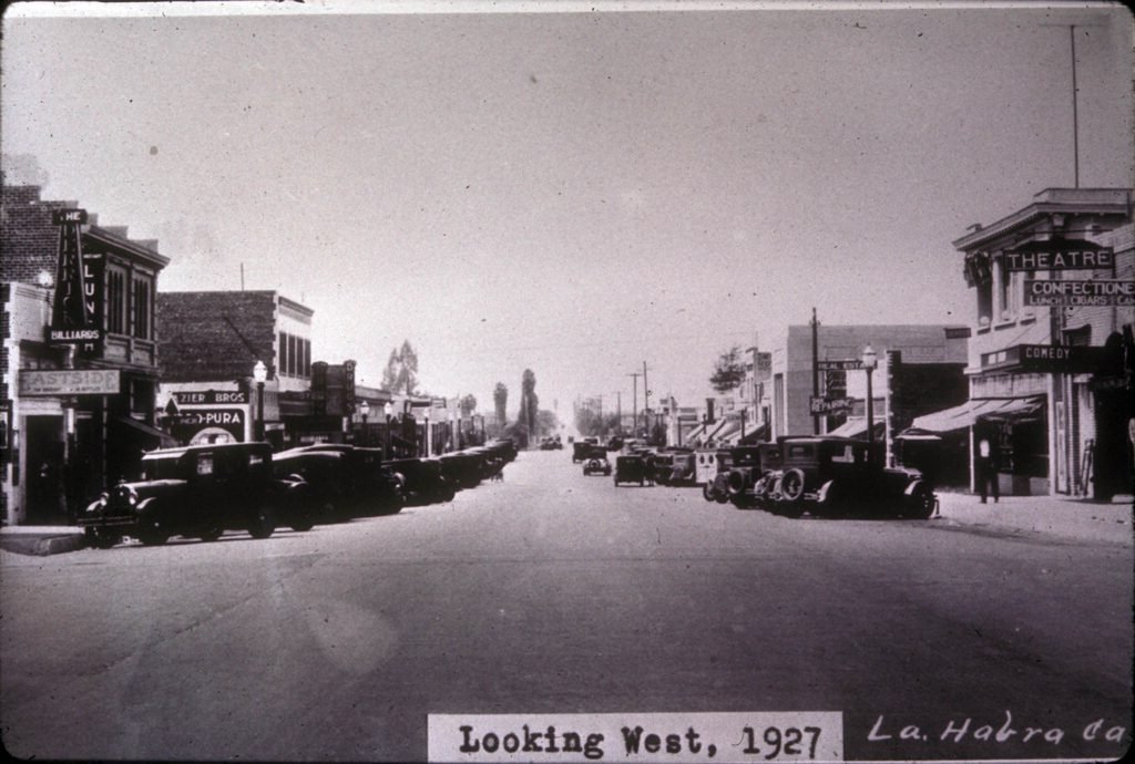 A view of downtown La Habra, Calif., looking west down Central Avenue, in 1927. This street ran east-west through the center of the village of La Habra. The street name was later changed to La Habra Boulevard.