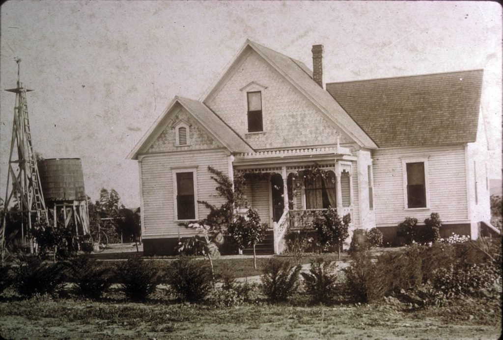Home built in 1897 by Swiss American settler John Luehm on his ranch south and west of present-day La Habra Boulevard and Walnut Street, La Habra, Calif. Photograph dated 1897.